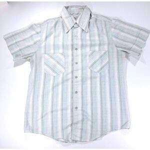 Vintage 70s Mens Large Short Sleeve Button Down Shirt Plaid Blue Tan